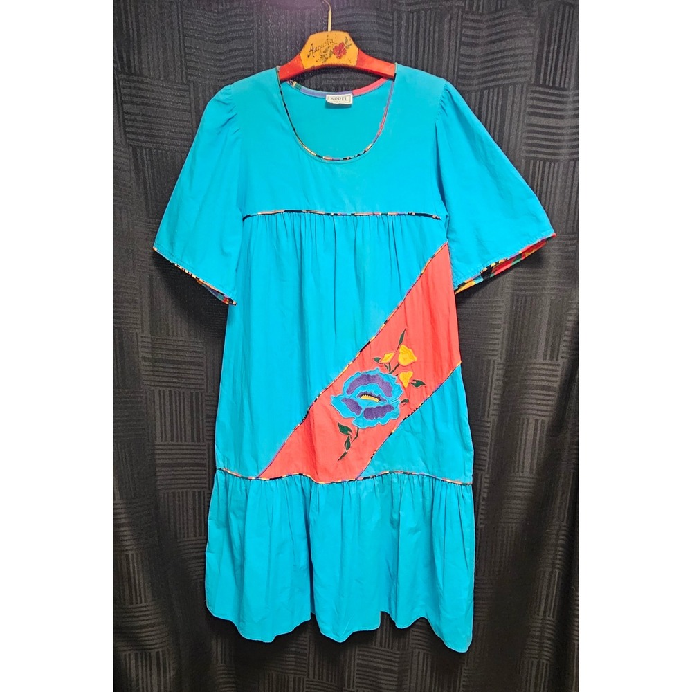 Vintage Appel House Dress Turquoise Blue Floral Embroidered Tiered Midi USA Made